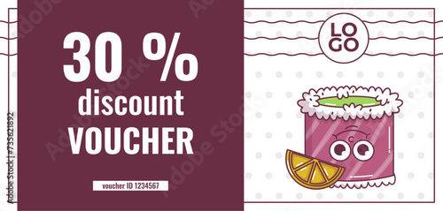 Vintage Japanese food characters Sushi, Roll. Discount voucher. Cartoon design seafood art for bar, restaurant. Retro vector illustration.