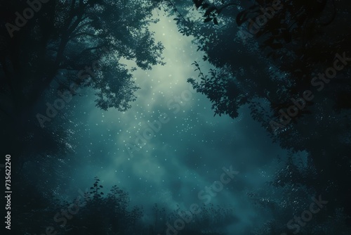 night forest with fog background. Fantasy landscape forest at night. nature leaves wallpaper for desktop. Natural landscape background. Synthwave Style Leaf Background. fantasy forest wallpaper. © jokerhitam289