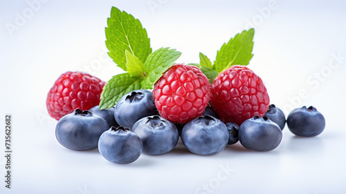 cluster of blueberries and raspberries on white background