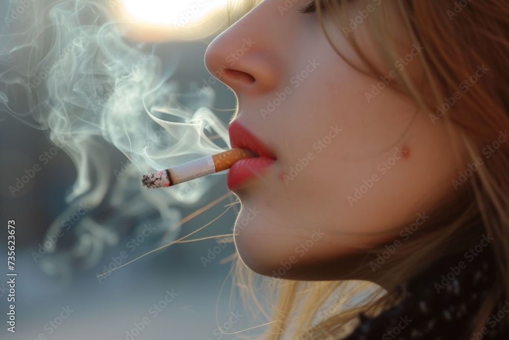 Fototapeta premium Close-up of female lips with a cigarette