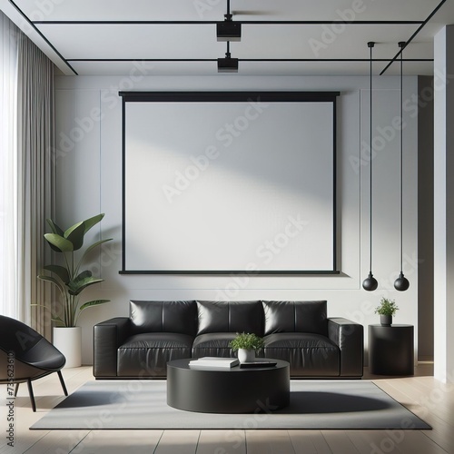 3d render of a living room with big empty white projector screen on the wall