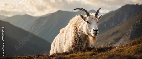 A wild goat, adorned with majestic horns, graces the rural landscape, symbolizing the harmonious coexistence of wildlife and nature in the serene mountain surroundings