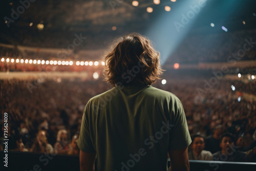 A vibrant concert scene where a musician commands the stage, surrounded by an ecstatic crowd, epitomizing the energetic spirit of a live music festival and the thrill of a party atmosphere