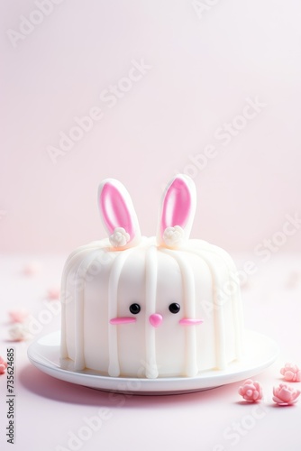 Decorated Easter bunny celebration cake on pink background. Cute cake with bunny as present for children's birthday, party, baby shower. Greeting card, banner, flyer with copy space