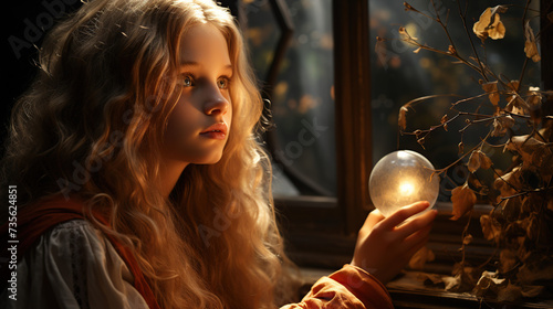 A sweet Girl holding a crystal ball sitting in the room