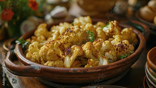 A rustic and hearty dish of cauliflower slowroasted over a roaring fire until golden brown and crispy. Drizzled with a delicate glaze of olive oil this dish is a melting pot photo