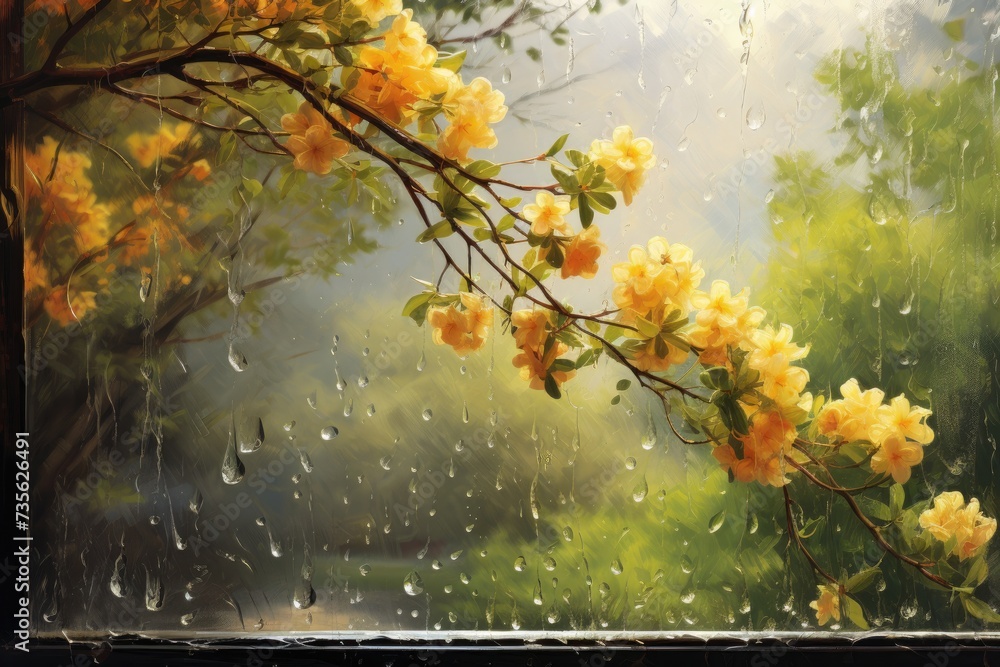 A beautiful flowering branch with yellow flowers under the April rain. Hello summer! - obrazy, fototapety, plakaty 