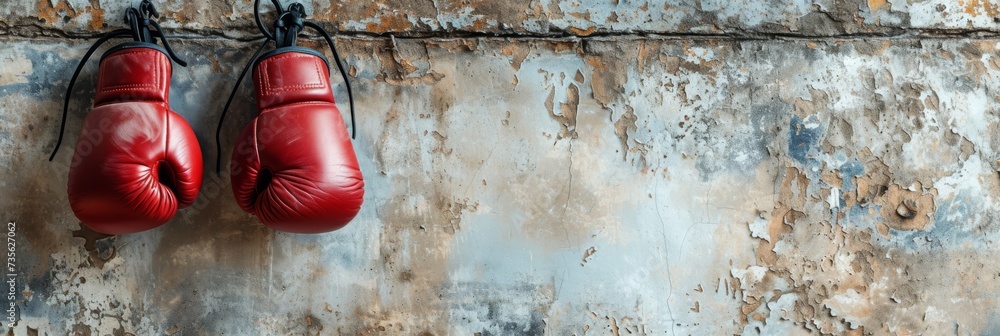 New red boxing gloves hanging on wall - obrazy, fototapety, plakaty 