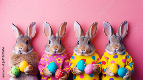 Group of Cute Easter Bunnies with Easter Eggs