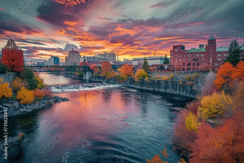 Scenic vista of urban Spokane, Washington with its downtown and Riverfront Park