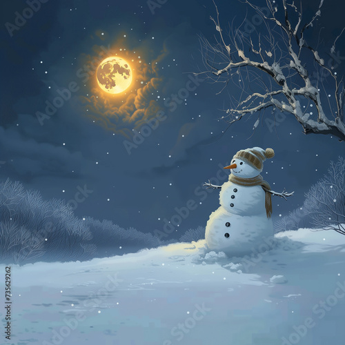 A snowman standing alone on a snow hill with a full moon