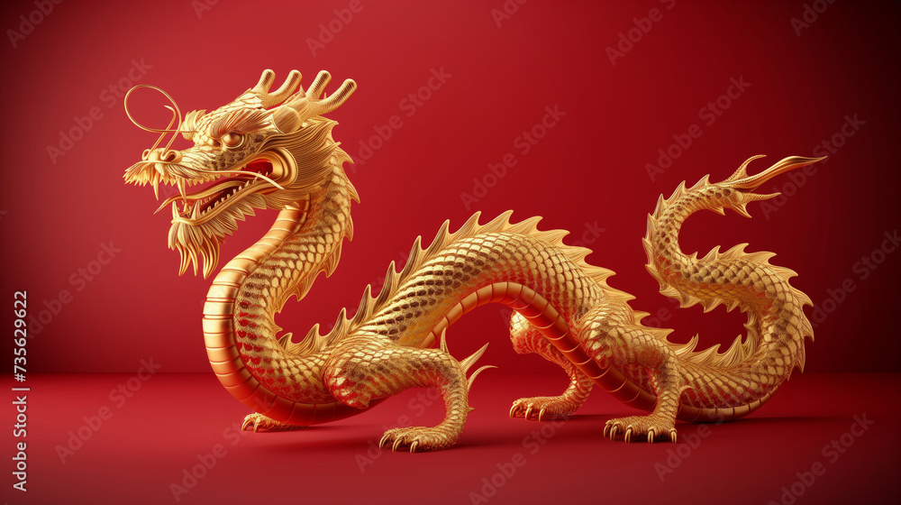 Fototapeta premium Chinese new year dragon statue on red background