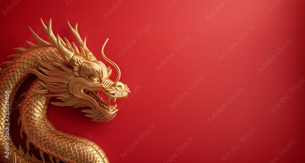 Obraz premium Gold chinese dragon statue on red background