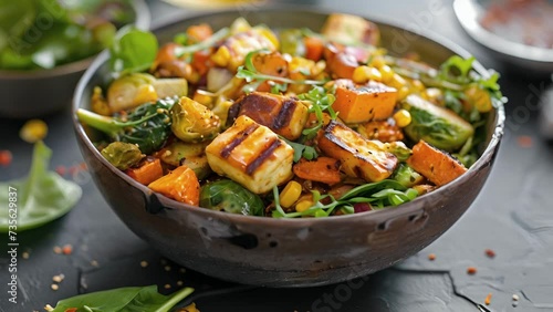 A hearty roasted vegetable salad featuring scorched Brussels sprouts sweet potatoes and corn tossed in a light vinaigrette and topped with grilled halloumi cheese.
