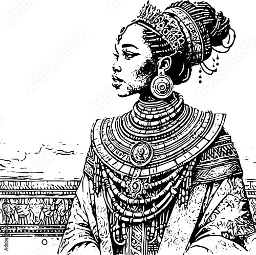 Sketched Portrait of an African Queen in Traditional Attire