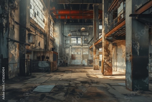 Rundown factory with empty space  rusty surroundings. Industrial interior background.