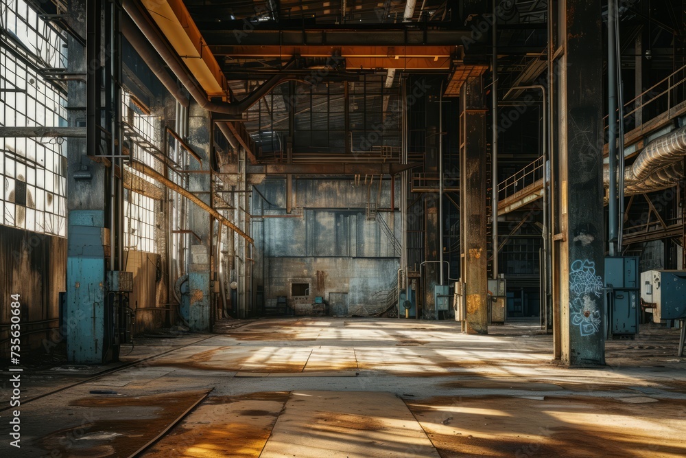 Rundown factory with empty space, rusty surroundings. Industrial interior background.
