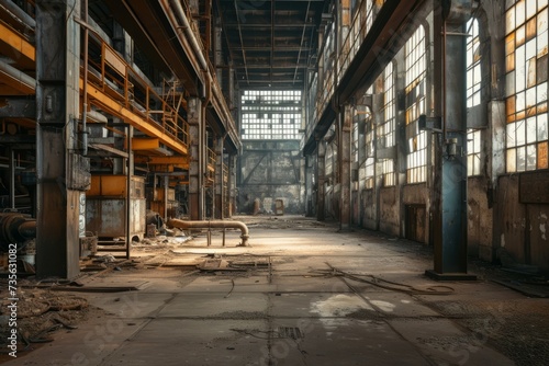 Rundown factory with empty space, rusty surroundings. Industrial interior background.