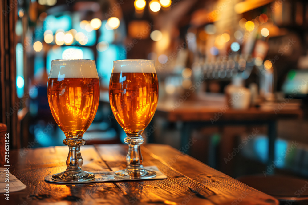 Golden Beer Glasses on Bar Table Golden Beer Glasses on Bar Table