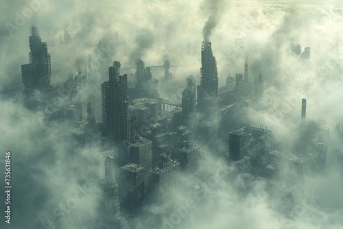 post apocalyptic scenery with damaged and smoking city in clouds