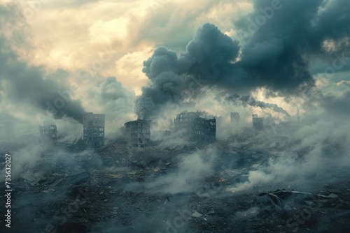 post apocalyptic scenery with damaged and smoking city in clouds