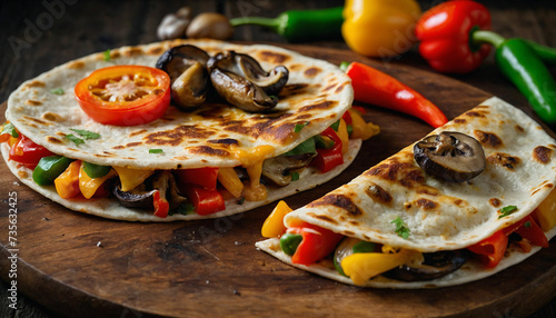 A close up shot of a sizzling vegetable quesadilla on a rustic wooden board, with vibrant colors of assorted bell peppers, mushrooms, and onions peeking through the melted cheese