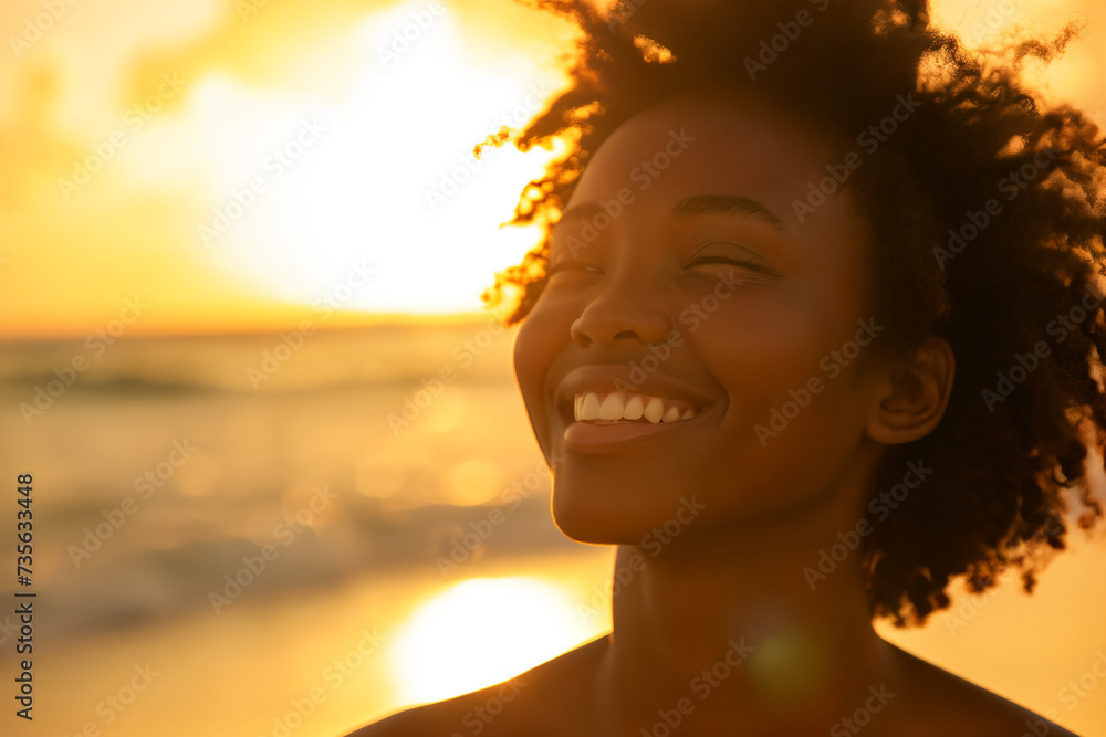 closeup A joyous black woman embracing herself on a beach at sunrise, exuding self-love and tranquility. closeup A joyous black woman embracing herself on a beach at sunrise, exuding self-love and tranquility.