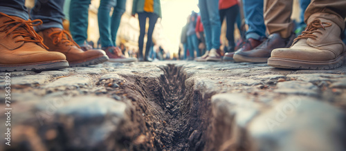 Ground level view showing two groups of people divided by a crack gap on the road - A metaphor for the modern political, social division and polarization  photo