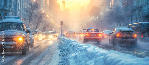 Heavy Traffic on a two way Snowy City Street at Dusk