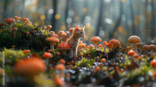 little orange kitten walking in the middle of the forest, fantasy world, mushrooms
