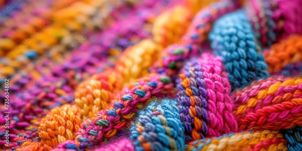 Knitting of yarn in a close-up view, displaying a colorful and patterned background, where each stitch merges into a captivating tapestry of hues and textures