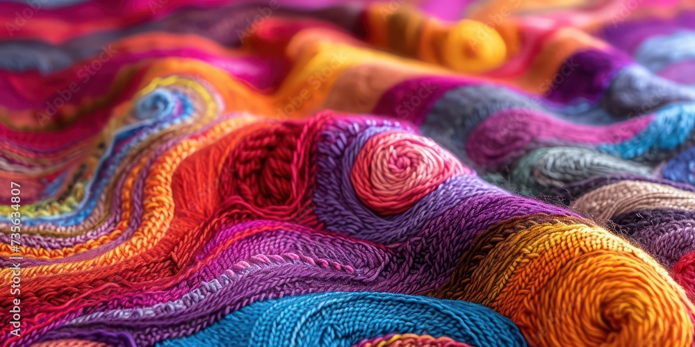 Knitting of yarn in a close-up view, displaying a colorful and patterned background, where each stitch merges into a captivating tapestry of hues and textures Knitting of yarn in a close-up view, displaying a colorful and patterned background, where each stitch merges into a captivating tapestry of hues and textures