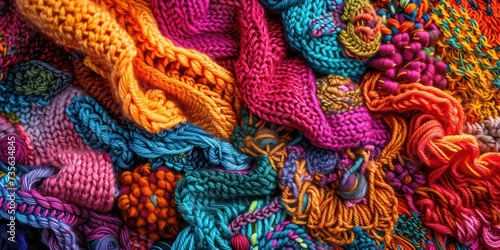 Knitting of yarn in a close-up view, displaying a colorful and patterned background, where each stitch merges into a captivating tapestry of hues and textures © Fayrin