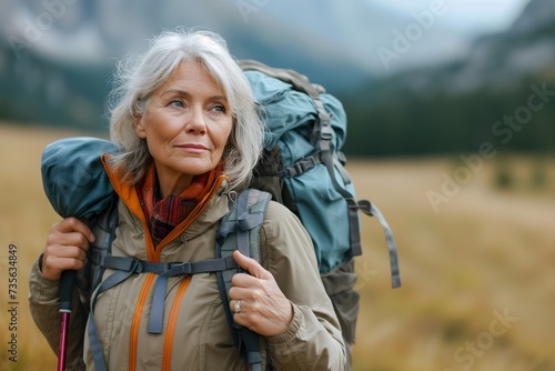 Experience the joy of outdoor adventure with an attractive senior woman hiking through scenic trails, carrying a backpack on her journey.