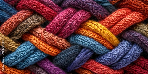 Knitting of yarn in a close-up view, displaying a colorful and patterned background, where each stitch merges into a captivating tapestry of hues and textures