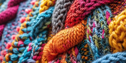 Knitting of yarn in a close-up view, displaying a colorful and patterned background, where each stitch merges into a captivating tapestry of hues and textures © Fayrin
