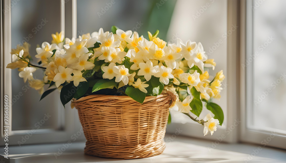 Beautiful Arabian Jasmine flowers in wicker basket near window.