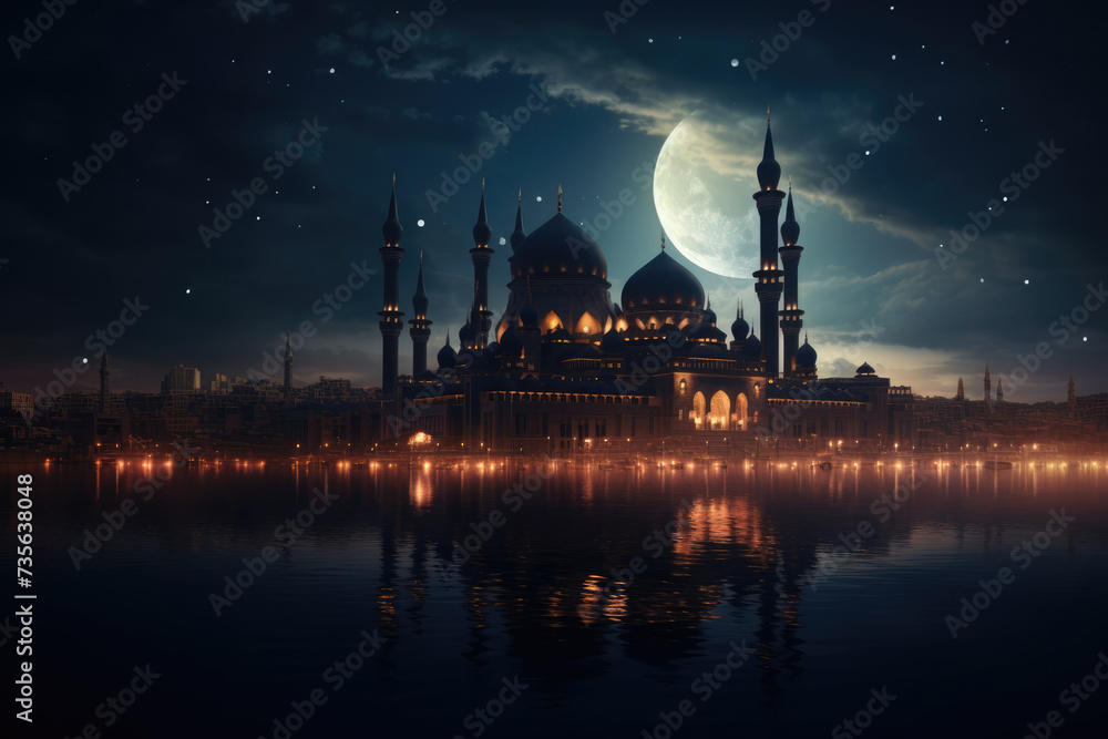 Mosque with moon in the sky at night. Ramadan kareem banner,  wallpaper. Eid Mubarak Ramadan Kareem. Eid al adha. Eid ai fitr