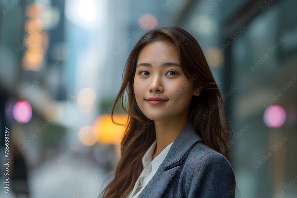Obraz premium Ambitious Asian businesswoman confidently striding through the city, symbolizing empowerment and progress in her career journey.