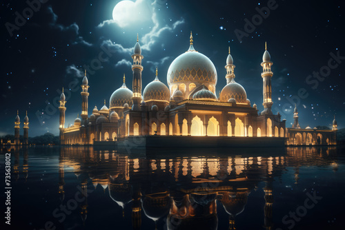 Mosque at night. Mosque building and moon in the sky. Ramadan kareem wallpaper, banner. Mosque illustration. Eid Mubarak Ramadan Kareem. Eid al adha. Eid ai fitr concept