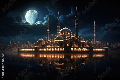 Mosque and moon at night. Ramadan kareem wallpaper, banner. Mosque illustration. Eid Mubarak Ramadan Kareem. Eid al adha. Eid ai fitr