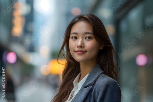 Ambitious Asian businesswoman confidently striding through the city, symbolizing empowerment and progress in her career journey.