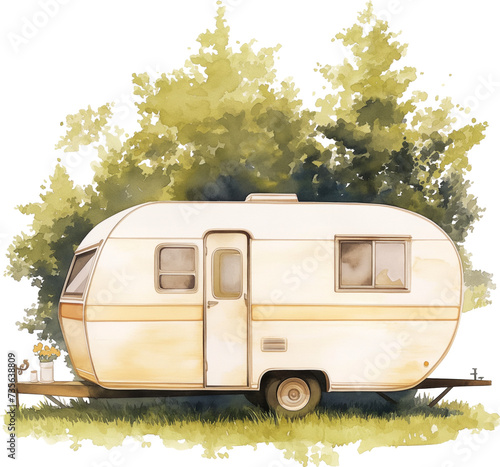 Watercolor vintage camping trailer isolated. illustration photo