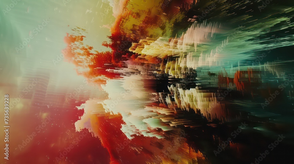 Obraz premium An abstract digital radio wave emerges, characterized by pixelated noise and glitch effects, creating a visually striking display