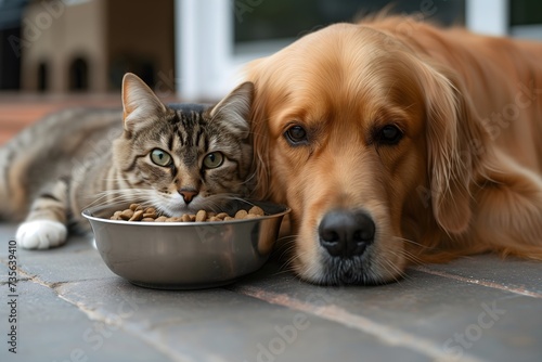 Curious cat and dog cautiously eyeing their food bowl, capturing adorable pet behavior and mealtime anticipation. © Rathnayakamudalige