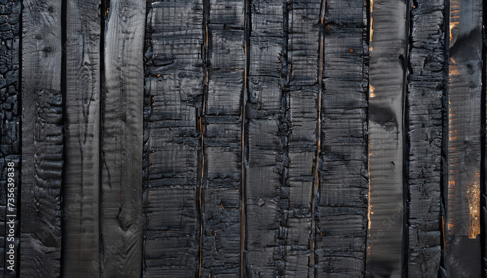Fototapeta premium Charred black wooden wall with copy space. Abstract background with a burned boards textures closeup