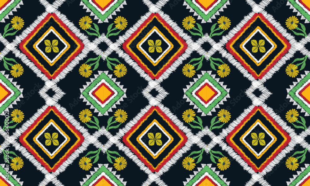 Floral paisley embroidery on black background.Ikat ethnic oriental pattern traditional. Ethnic pattern style. Design for ikat, blanket, fabric, clothing, carpet, textile, ethnic, batik, embroidery.