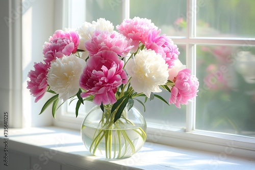 Beautiful pink and white peonies in vase on windowsill, with white background. Ideal backdrop. © Rathnayakamudalige