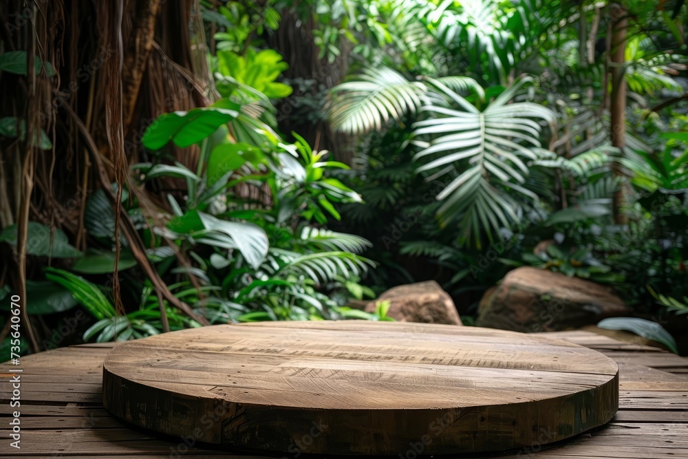 Wooden podium set in a lush tropical forest Creating a serene and natural setting for product presentations and eco-friendly themes Wooden podium set in a lush tropical forest Creating a serene and natural setting for product presentations and eco-friendly themes