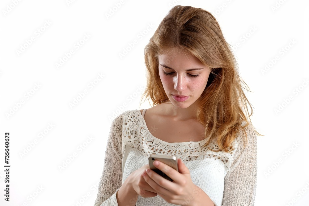 Woman using a cell phone isolated on a white background Capturing the essence of modern communication and connectivity in a simple and direct visual Woman using a cell phone isolated on a white background Capturing the essence of modern communication and connectivity in a simple and direct visual